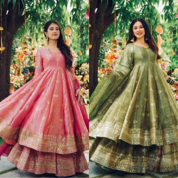 Olive green and pink Anarkali gown with zari embroidery and dupatta for women festive wear for women festive wear