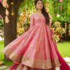 Olive green and pink Anarkali gown with zari embroidery and dupatta for women festive wear for women festive wear