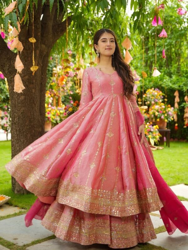 Olive green and pink Anarkali gown with zari embroidery and dupatta for women festive wear for women festive wear
