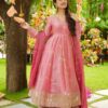 Olive green and pink Anarkali gown with zari embroidery and dupatta for women festive wear for women festive wear