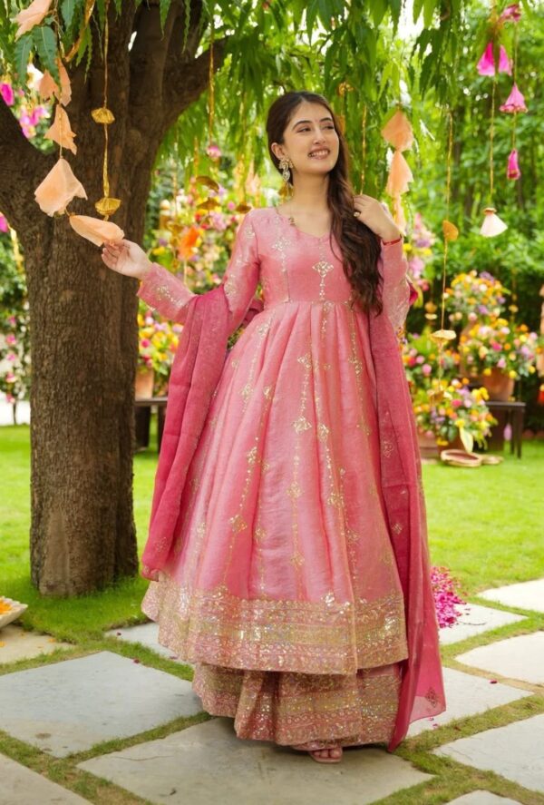 Olive green and pink Anarkali gown with zari embroidery and dupatta for women festive wear for women festive wear