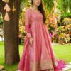 Olive green and pink Anarkali gown with zari embroidery and dupatta for women festive wear for women festive wear