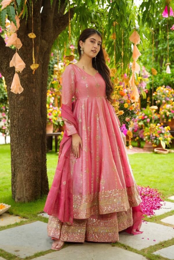 Olive green and pink Anarkali gown with zari embroidery and dupatta for women festive wear for women festive wear