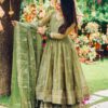 Olive green and pink Anarkali gown with zari embroidery and dupatta for women festive wear for women festive wear