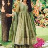 Olive green and pink Anarkali gown with zari embroidery and dupatta for women festive wear for women festive wear