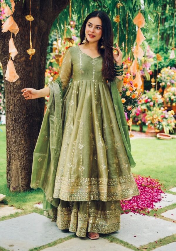 Olive green and pink Anarkali gown with zari embroidery and dupatta for women festive wear for women festive wear