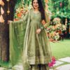 Olive green and pink Anarkali gown with zari embroidery and dupatta for women festive wear for women festive wear