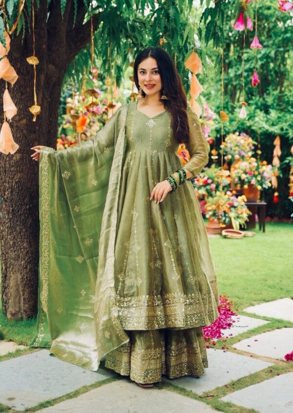Olive green and pink Anarkali gown with zari embroidery and dupatta for women festive wear for women festive wear