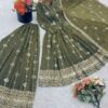 Olive green and pink Anarkali gown with zari embroidery and dupatta for women festive wear for women festive wear
