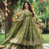 Olive green and pink Anarkali gown with zari embroidery and dupatta for women festive wear for women festive wear
