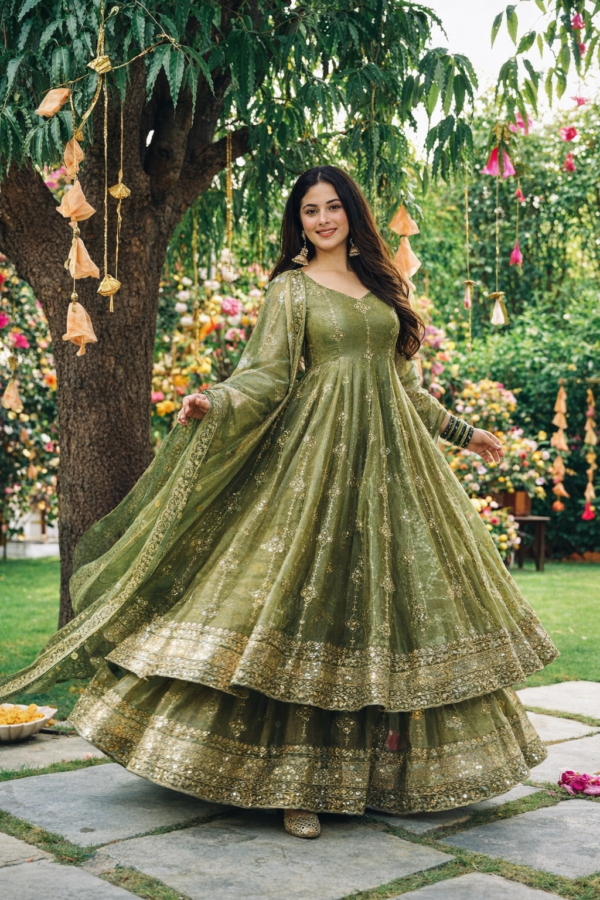 Olive green and pink Anarkali gown with zari embroidery and dupatta for women festive wear for women festive wear