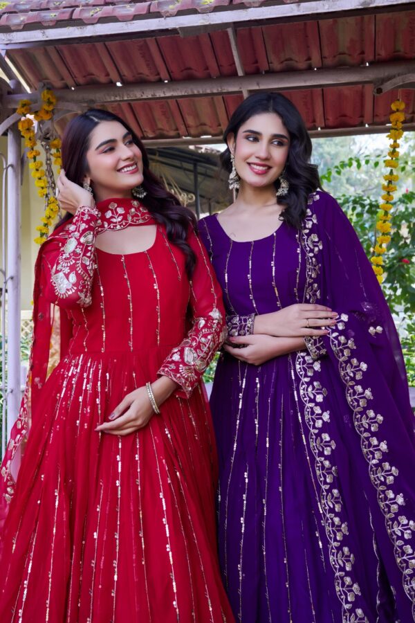 Red and purple embroidered anarkali gown with dupatta for women festive and wedding wear for women festive wear