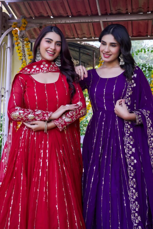 Red and purple embroidered anarkali gown with dupatta for women festive and wedding wear for women festive wear