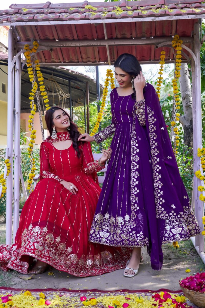 Red and purple embroidered anarkali gown with dupatta for women festive and wedding wear for women festive wear