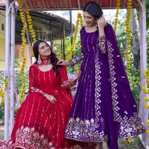 Home Red and purple embroidered anarkali gown with dupatta for women festive and wedding wear for women festive wear