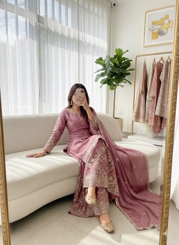 Dusty pink sharara suit with embroidery and dupatta for women festive and wedding wear for women festive wear