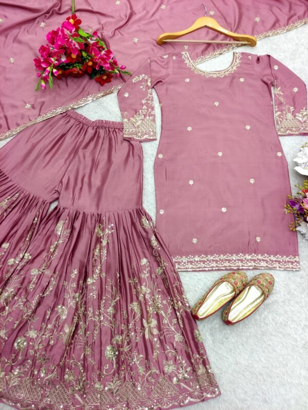 Dusty pink sharara suit with embroidery and dupatta for women festive and wedding wear for women festive wear
