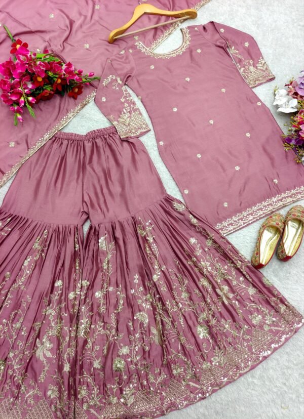 Dusty pink sharara suit with embroidery and dupatta for women festive and wedding wear for women festive wear