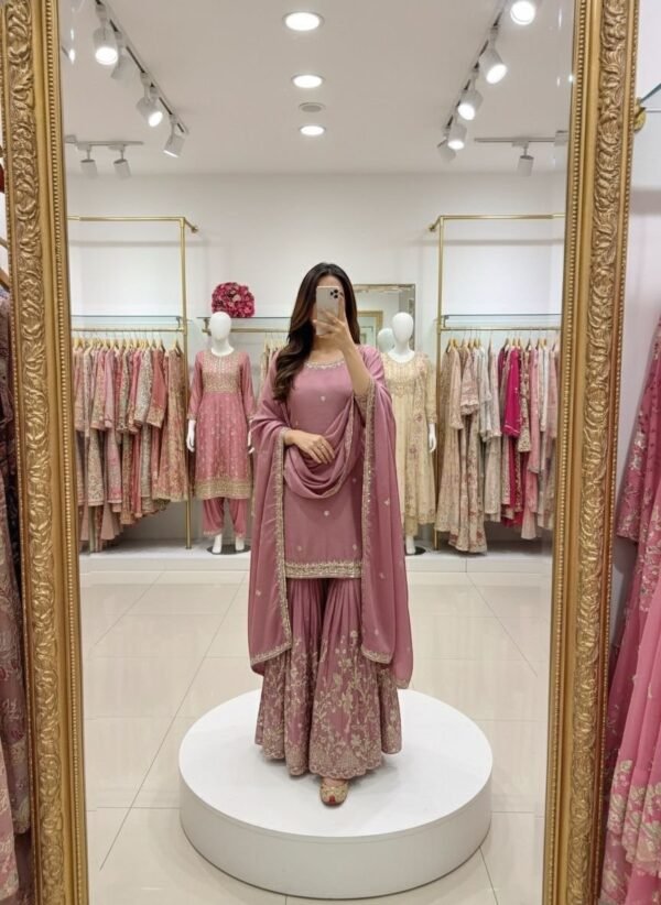 Dusty pink sharara suit with embroidery and dupatta for women festive and wedding wear for women festive wear