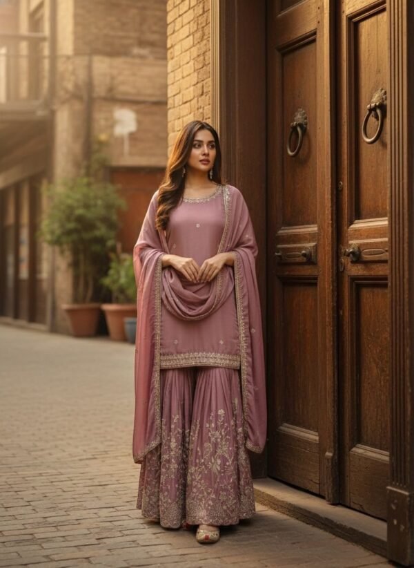 Dusty pink sharara suit with embroidery and dupatta for women festive and wedding wear for women festive wear