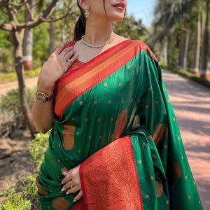 Home Green silk saree with red zari border and gold motifs for women festive and traditional wear for women festive wear