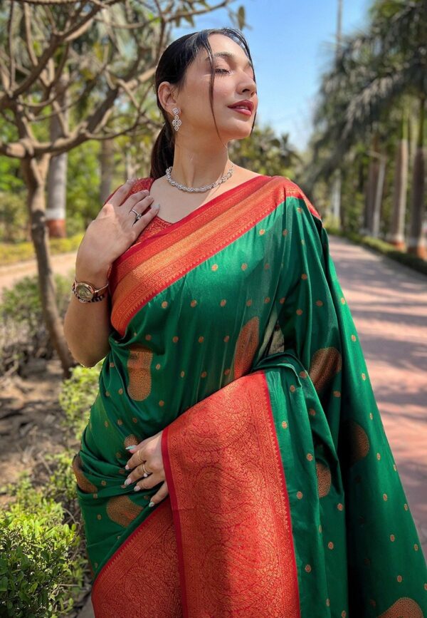Green silk saree with red zari border and gold motifs for women festive and traditional wear for women festive wear