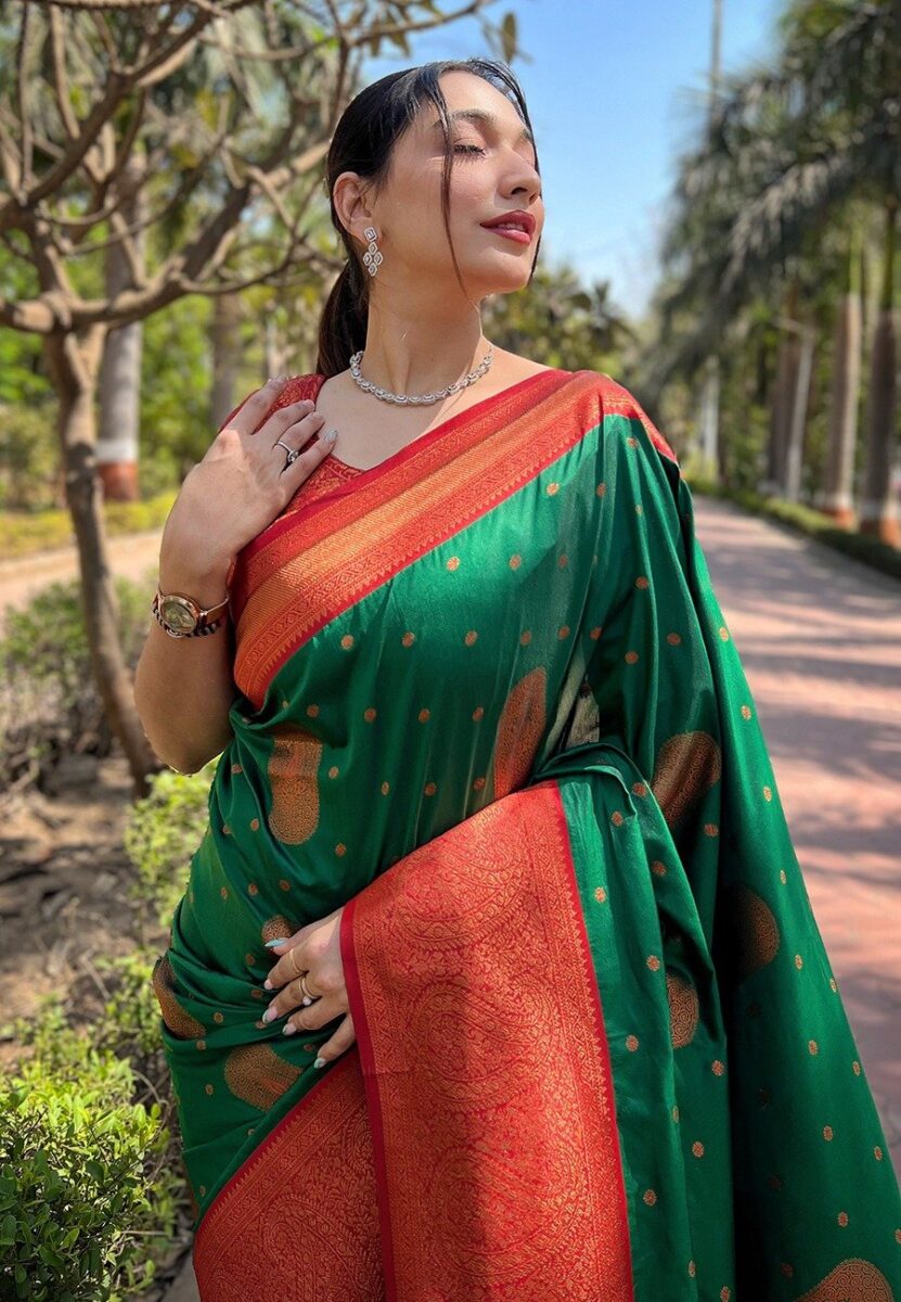 Green silk saree with red zari border and gold motifs for women festive and traditional wear for women festive wear
