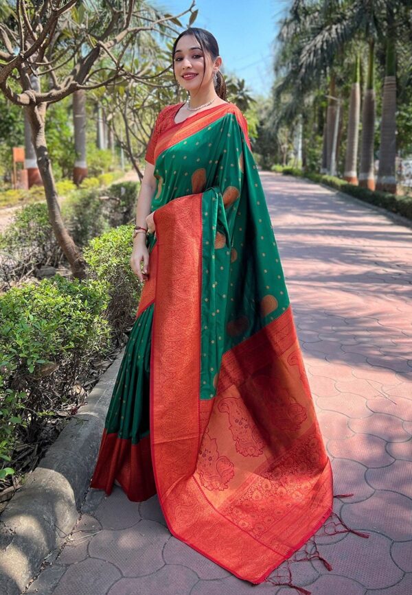 Green silk saree with red zari border and gold motifs for women festive and traditional wear for women festive wear