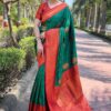 Green silk saree with red zari border and gold motifs for women festive and traditional wear for women festive wear