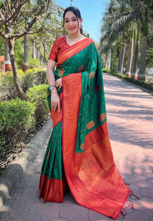 Green silk saree with red zari border and gold motifs for women festive and traditional wear for women festive wear