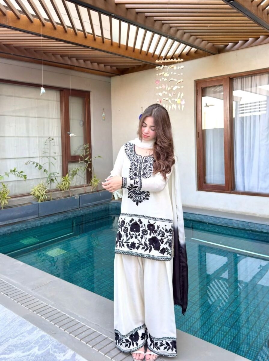 Home Off white kurta palazzo set with black floral embroidery and dupatta for women elegant and festive wear for women festive wear