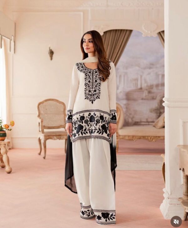 Off white kurta palazzo set with black floral embroidery and dupatta for women elegant and festive wear for women festive wear