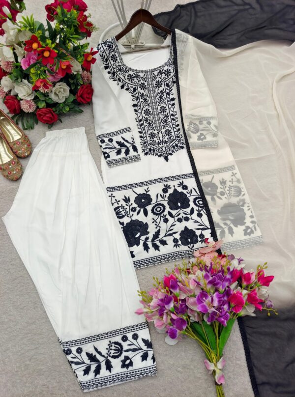 Off white kurta palazzo set with black floral embroidery and dupatta for women elegant and festive wear for women festive wear