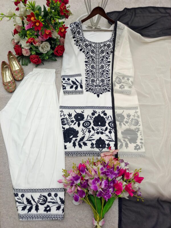 off white kurta palazzo set with black floral embroidery and dupatta for women elegant and festive wear