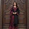 Woman wearing black kurta with red embroidery and matching printed dupatta, paired with black pants for women festive wear