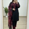 Woman wearing black kurta with red embroidery and matching printed dupatta, paired with black pants for women festive wear