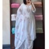 white embroidered kurta set with matching pants and floral printed dupatta for women festive wear