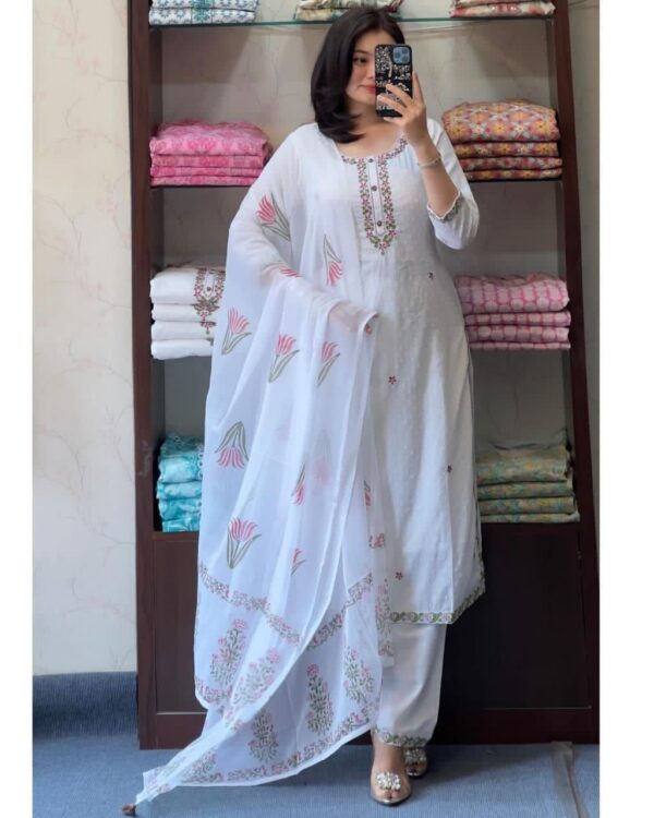 white embroidered kurta set with matching pants and floral printed dupatta for women festive wear