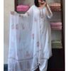 white embroidered kurta set with matching pants and floral printed dupatta for women festive wear