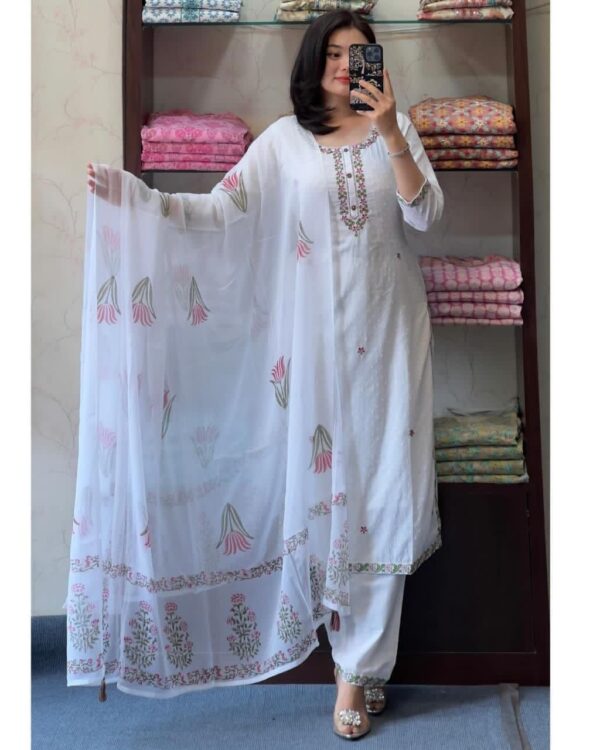 white embroidered kurta set with matching pants and floral printed dupatta for women festive wear