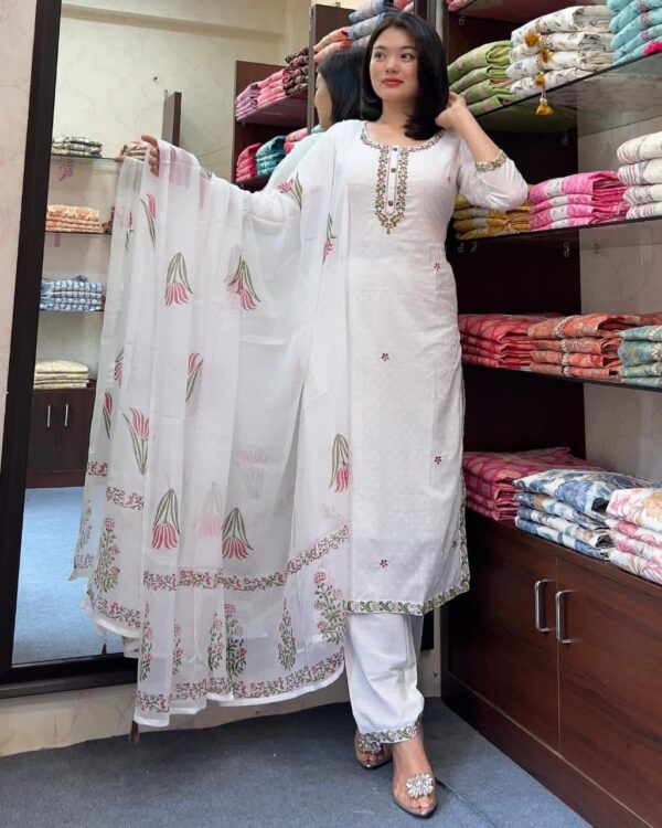 white embroidered kurta set with matching pants and floral printed dupatta for women festive wear