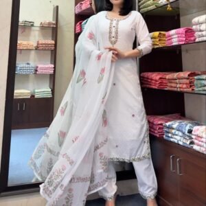 white embroidered kurta set with matching pants and floral printed dupatta for women festive wear