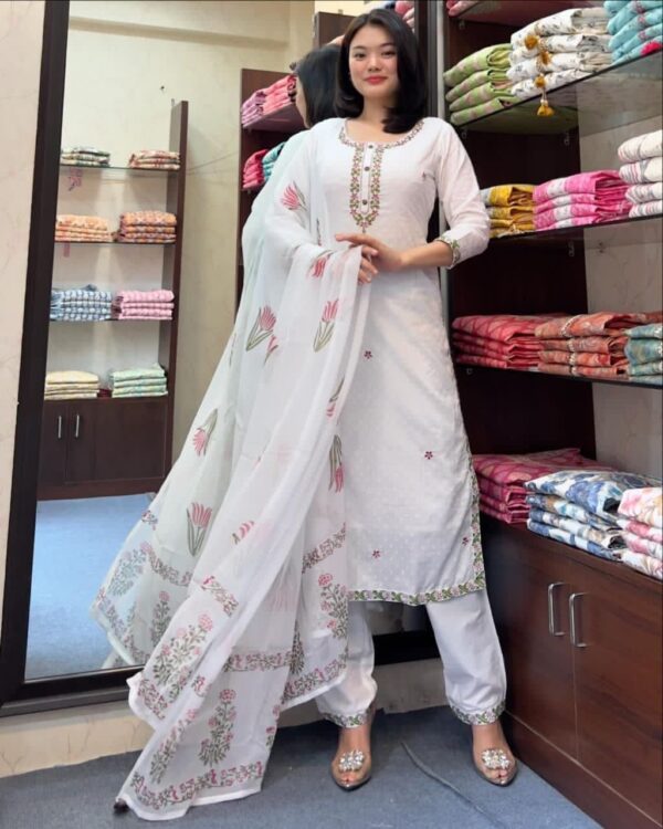 white embroidered kurta set with matching pants and floral printed dupatta for women festive wear