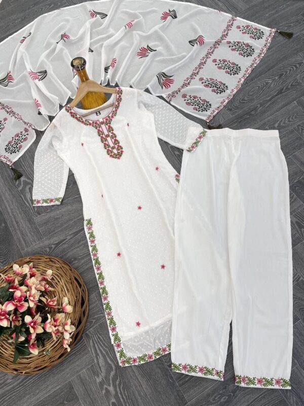 white embroidered kurta set with matching pants and floral printed dupatta for women festive wear