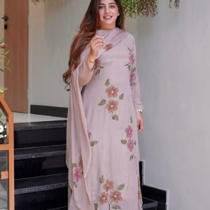 Home blush pink kurta with floral embroidery and matching dupatta with pants for women festive wear