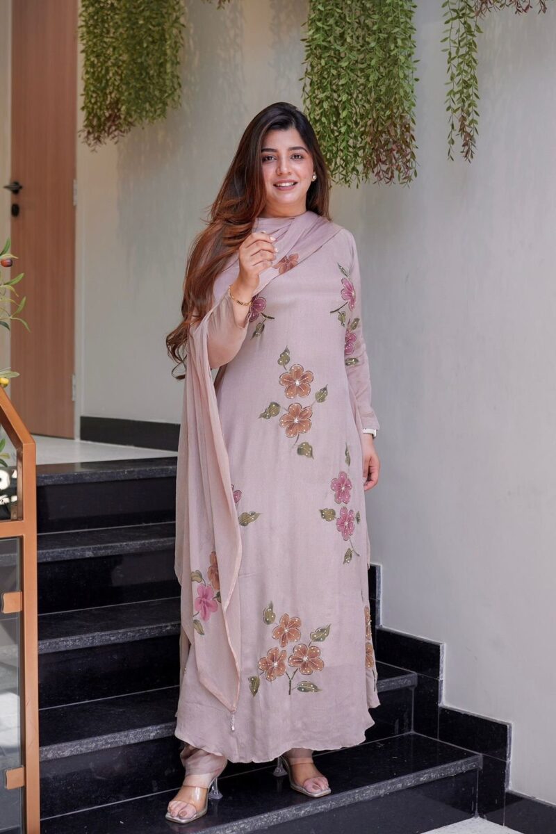 Home blush pink kurta with floral embroidery and matching dupatta with pants for women festive wear