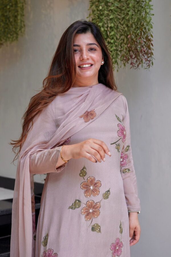 blush pink kurta with floral embroidery and matching dupatta with pants for women festive wear