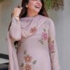blush pink kurta with floral embroidery and matching dupatta with pants for women festive wear