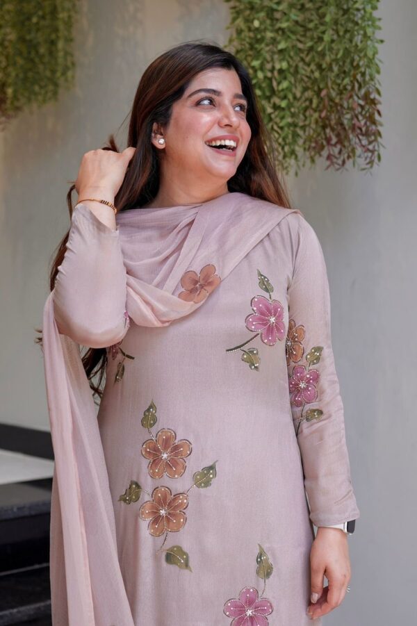 blush pink kurta with floral embroidery and matching dupatta with pants for women festive wear