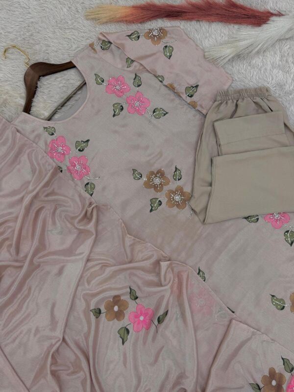 blush pink kurta with floral embroidery and matching dupatta with pants for women festive wear